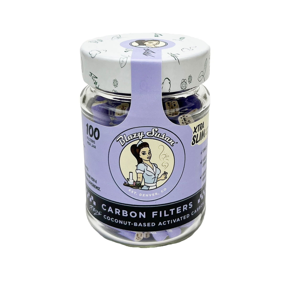 Front view of the Blazy Susan Purple Purize Xtra Slim 100ct glass jar in vibrant purple and clear glass. This premium packaging contains one hundred active charcoal filters designed to significantly reduce tar and smooth out harsh smoke.