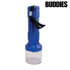 Front view of the Buddies aluminum handheld chopper electric grinder in sleek blue. This battery-operated device features an ergonomic, flashlight-style body designed to quickly and effortlessly shred your dry herbs without manual twisting.