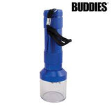 Front view of the Buddies aluminum handheld chopper electric grinder in sleek blue. This battery-operated device features an ergonomic, flashlight-style body designed to quickly and effortlessly shred your dry herbs without manual twisting.