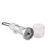 Front view of the Buddies aluminum handheld chopper electric grinder in silver. This battery-operated device features an ergonomic, flashlight-style body designed to quickly and effortlessly shred your dry herbs without manual twisting.