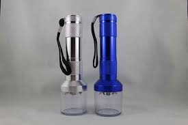 Front view of the Buddies aluminum handheld chopper electric grinders in silver and blue. This battery-operated device features an ergonomic, flashlight-style body designed to quickly and effortlessly shred your dry herbs without manual twisting.