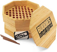 Top-down overhead view of the open Buddies Bump Box in natural light brown wood, revealing exactly 76 perfectly sized slots. Designed specifically for 98mm special size cones, users simply load the holes, spread their dry herb over the top, and efficiently fill bulk batches.