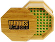 Top-down overhead view of the open Buddies Bump Box in natural brown wood, revealing exactly 76 perfectly sized slots. Designed specifically for 109mm King Size cones, users simply load the holes, spread their dry herb over the top, and efficiently fill bulk batches.