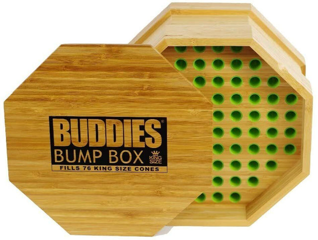 Top-down overhead view of the open Buddies Bump Box in natural brown wood, revealing exactly 76 perfectly sized slots. Designed specifically for 109mm King Size cones, users simply load the holes, spread their dry herb over the top, and efficiently fill bulk batches.