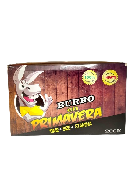 Angled overhead view of the Burro en Primavera 200k 24-count retail display box featuring matching red and gold artwork. This professional wholesale countertop display container holds 24 individual supplement packs for convenient presentation in retail environments.