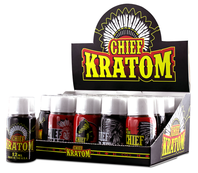 Angled overhead view of the Chief Kratom Liquid Extract 12ml retail display box in matching green branding. This wholesale countertop display container holds multiple individual bottles for convenient smoke shop or retail presentation.