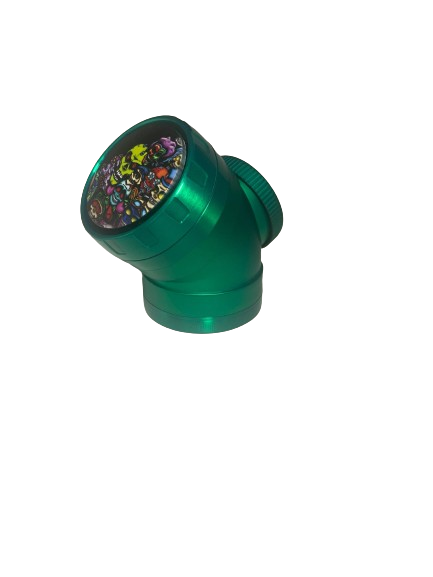 Angled front view of the Chromium Crusher 4-piece elbow spinner grinder in emerald green. This heavy-duty metal grinder features a built-in folding hand crank mechanism on the top lid for effortless, continuous shredding of dry herbs.