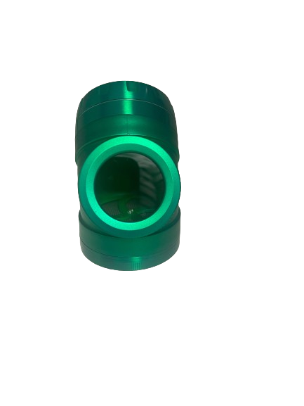 Angled close-up view of the open Chromium Crusher elbow spinner grinder interior. This shot highlights the razor-sharp, diamond-cut metal teeth engineered to effortlessly crush and fluff dense botanical materials without catching or jamming.