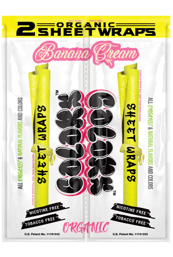 Front view of the Colors Organic Sheet Wraps pouch in Banana flavor. This bright yellow foil pack features two 100% tobacco-free and nicotine-free organic sheet papers for an even, clean roll.