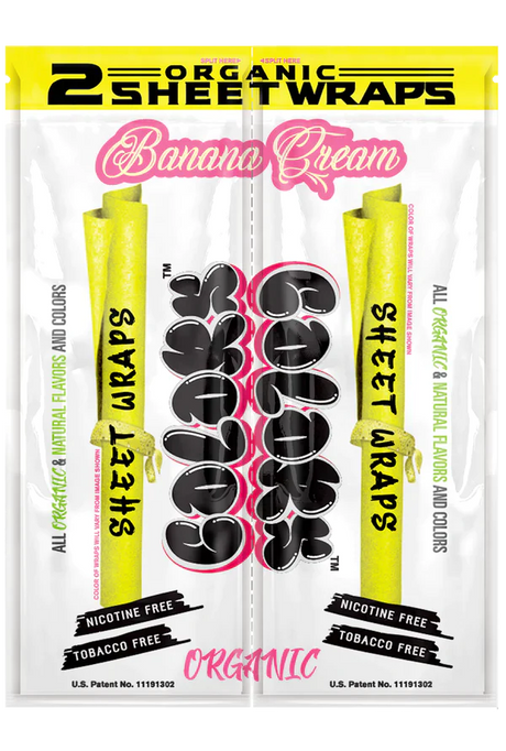 Front view of the Colors Organic Sheet Wraps pouch in Banana flavor. This bright yellow foil pack features two 100% tobacco-free and nicotine-free organic sheet papers for an even, clean roll.