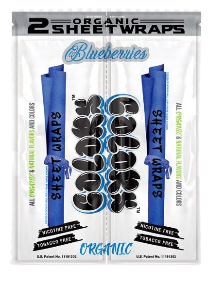 Front view of the Colors Organic Sheet Wraps pouch in Blue Berries flavor. This royal blue packaging highlights all-natural flavor infusions crafted purely without toxic synthetic additives.