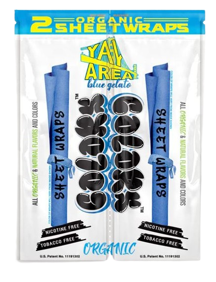 Front view of the Colors Organic Sheet Wraps pouch in Blue Gelato flavor. This light blue pouch preserves the premium, flexible organic plant fiber sheets so they stay supple and resistant to tearing.