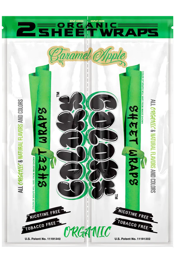 Front view of the Colors Organic Sheet Wraps pouch in Caramel Apple flavor. This green and brown colored packet holds slow-burning organic wraps built to complement legal herbal smoking blends.