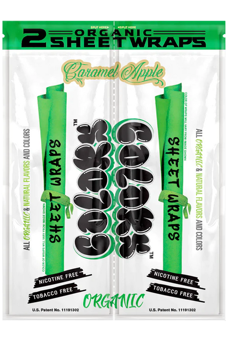 Front view of the Colors Organic Sheet Wraps pouch in Caramel Apple flavor. This green and brown colored packet holds slow-burning organic wraps built to complement legal herbal smoking blends.