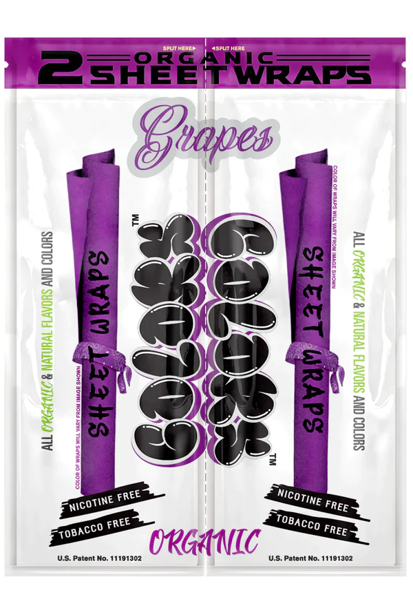 Front view of the Colors Organic Sheet Wraps pouch in Grape flavor. This dark purple foil container showcases a chemical-free formulation designed for a highly refined smoking profile.