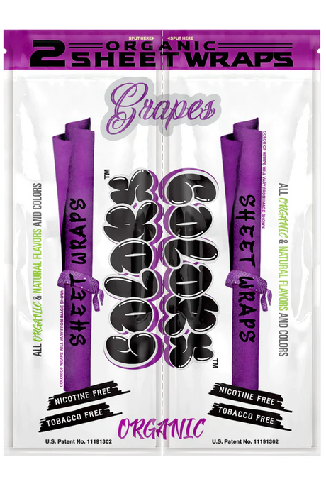 Front view of the Colors Organic Sheet Wraps pouch in Grape flavor. This dark purple foil container showcases a chemical-free formulation designed for a highly refined smoking profile.