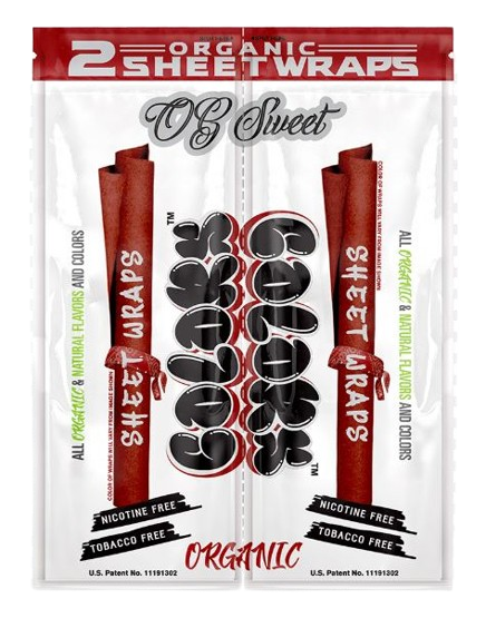 Front view of the Colors Organic Sheet Wraps pouch in OG Sweet flavor. This gold-trimmed crimson package contains two organic rolling sheets engineered to produce an exceptionally smooth burn.