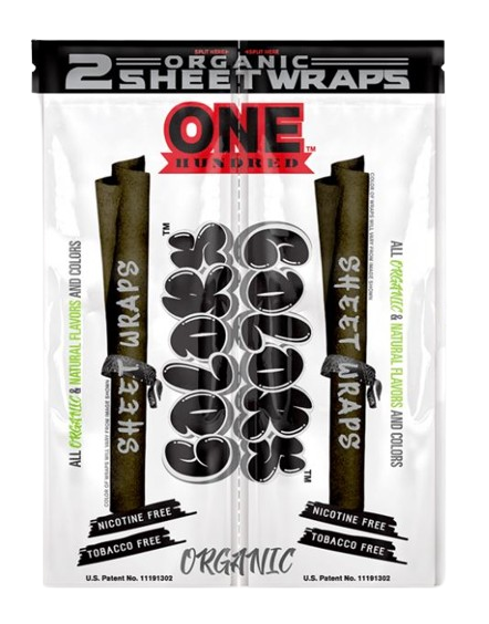 Front view of the Colors Organic Sheet Wraps pouch in One Hundred flavor. This custom dark blue package seals clean-burning, unbleached plant material tightly away from environmental humidity.