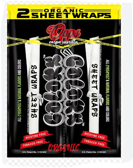 Front view of the Colors Organic Sheet Wraps pouch in OOPS CAPSA Vanilla flavor. This black and yellow foil design isolates vanilla-scented natural paper fibers to ensure structural freshness.