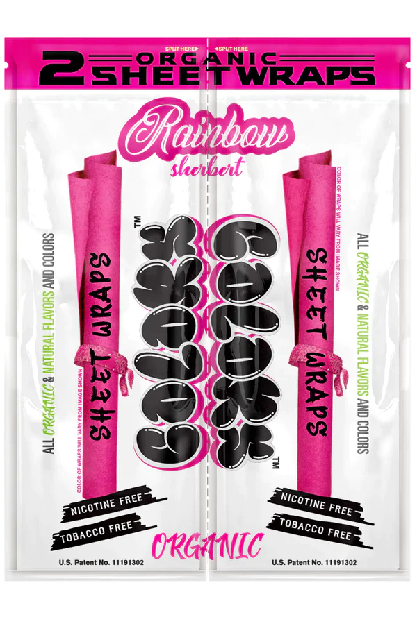 Front view of the Colors Organic Sheet Wraps pouch in Rainbow Sherbet flavor. This bright pink package contains dual slow-burning organic sheets that offer a sweet, slow-combusting experience.