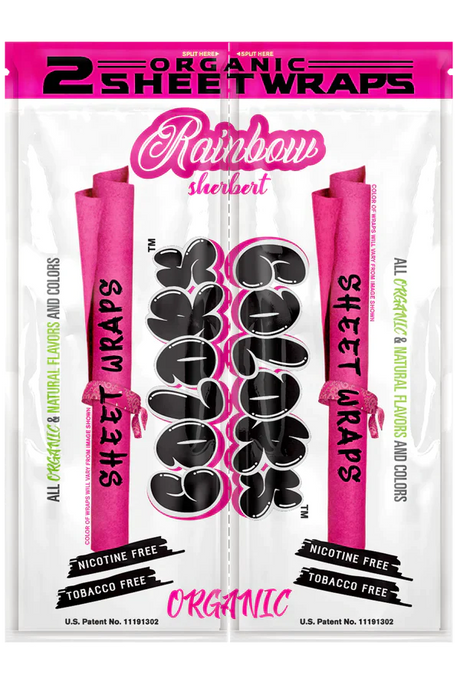 Front view of the Colors Organic Sheet Wraps pouch in Rainbow Sherbet flavor. This bright pink package contains dual slow-burning organic sheets that offer a sweet, slow-combusting experience.