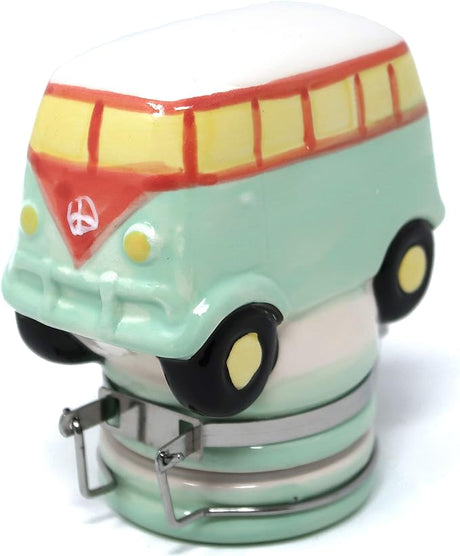 Front view of the Contained Art 100ml ceramic hippie van stash jar in white with vibrant printed artwork. This premium airtight container perfectly preserves the freshness of your dry herbs while completely blocking out harmful UV light.