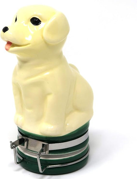 Front view of the Contained Art 100ml ceramic labrador stash jar in white with vibrant printed artwork. This premium airtight container perfectly preserves the freshness of your dry herbs while completely blocking out harmful UV light.