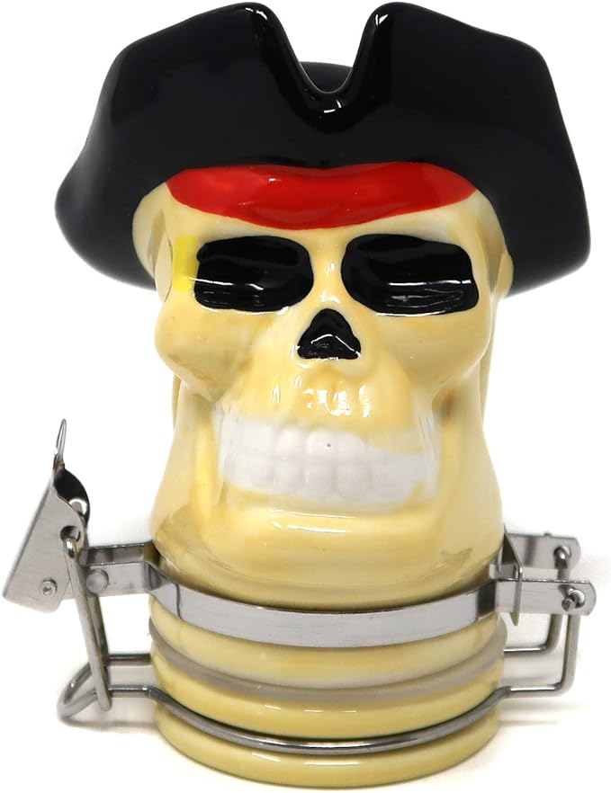 Front view of the Contained Art 100ml ceramic pirate skull stash jar in white with vibrant printed artwork. This premium airtight container perfectly preserves the freshness of your dry herbs while completely blocking out harmful UV light.