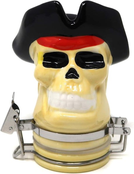Front view of the Contained Art 100ml ceramic pirate skull stash jar in white with vibrant printed artwork. This premium airtight container perfectly preserves the freshness of your dry herbs while completely blocking out harmful UV light.