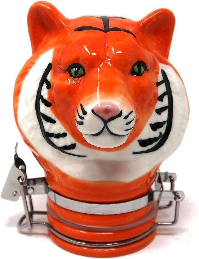 Front view of the Contained Art 100ml ceramic tiger stash jar in orange with vibrant printed artwork. This premium airtight container perfectly preserves the freshness of your dry herbs while completely blocking out harmful UV light.