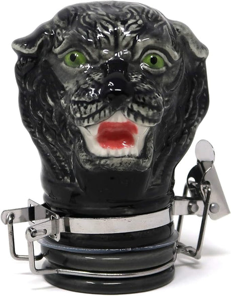 Front view of the Contained Art 50ml ceramic stash jar in white featuring a vibrant black panther artwork design. This premium airtight container perfectly preserves the freshness of your dry herbs while completely blocking out harmful UV light.