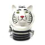 Front view of the Contained Art 250ml ceramic white tiger jar in white with vibrant printed artwork. This premium airtight container perfectly preserves the freshness of larger batches of dry herbs while completely blocking out harmful UV light.