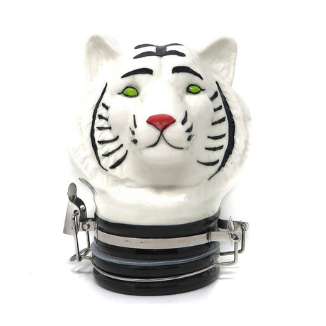 Front view of the Contained Art 250ml ceramic white tiger jar in white with vibrant printed artwork. This premium airtight container perfectly preserves the freshness of larger batches of dry herbs while completely blocking out harmful UV light.