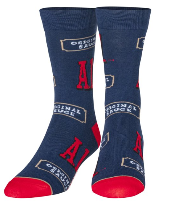 Front view of a pair of Crazy Socks featuring officially licensed A.1. Steak Sauce graphics. These vibrant novelty crew socks showcase the classic white and red bottle logo layered over a bold black and white background to add a distinct pop to your outfit.