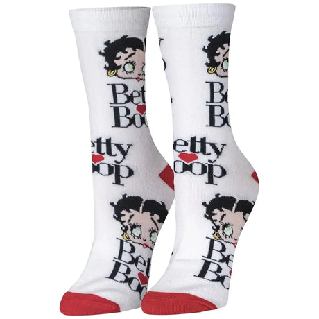 Front view of the Crazy Socks Betty Boop women's socks folded neatly within their retail cardboard sleeve. These vibrant red and black novelty socks feature classic Betty Boop artwork, making them a fun, comfortable statement piece for everyday wear.
