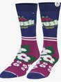 Front view of a pair of Crazy Socks featuring officially licensed Crush Soda graphics. These vibrant novelty crew socks showcase the classic white and blue brand logo text layered over a bright purple background to add a distinct pop to your outfit.