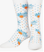 Front view of a pair of Crazy Socks featuring officially licensed Dippin' Dots graphics. These colorful novelty crew socks display rows of multi-colored ice cream beads against a bright blue and white background to add a playful pop to your daily outfit.