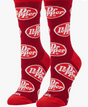 Front view of a pair of Crazy Socks featuring officially licensed Dr Pepper graphics. These vibrant novelty crew socks showcase the classic white brand logo text layered over a rich maroon background to add a distinct pop to your outfit.