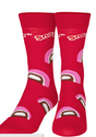 Front view of a pair of Crazy Socks featuring officially licensed Hostess Sno Balls graphics. These vibrant novelty crew socks showcase floating pink coconut-covered marshmallow treats against a soft blue and white background to add a playful look to your wardrobe.