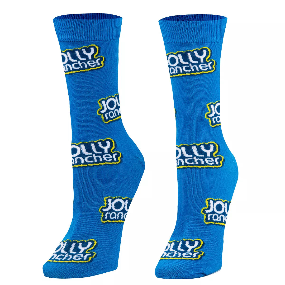 Front view of a pair of Crazy Socks featuring officially licensed Jolly Rancher graphics. These vibrant novelty crew socks showcase a repeated pattern of colorful candy wrappers against a bold blue background to add a playful look to your wardrobe.