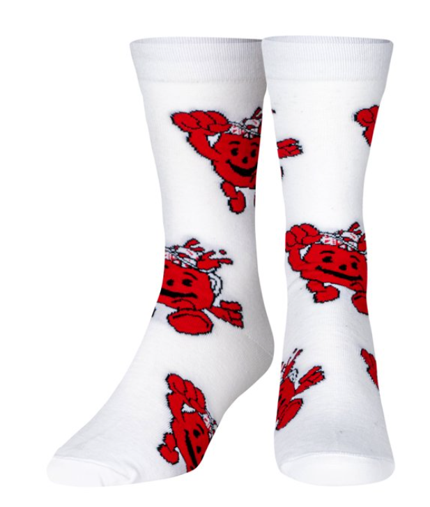 Front view of a pair of Crazy Socks featuring officially licensed Kool-Aid graphics. These vibrant novelty crew socks showcase a repeated pattern of the smiling Kool-Aid Man pitcher over a bright red background to add a playful look to your wardrobe.