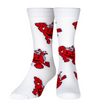 Front view of a pair of Crazy Socks featuring officially licensed Kool-Aid graphics. These vibrant novelty crew socks showcase a repeated pattern of the smiling Kool-Aid Man pitcher over a bright red background to add a playful look to your wardrobe.