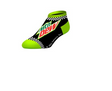 Front view of a pair of Crazy Socks featuring officially licensed Mountain Dew graphics. These vibrant novelty crew socks showcase the classic green and red brand logo text layered over a bright neon green background to add a distinct pop to your outfit.