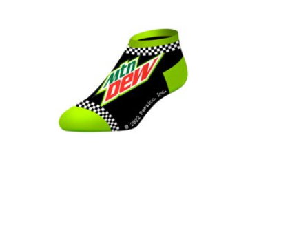 Front view of a pair of Crazy Socks featuring officially licensed Mountain Dew graphics. These vibrant novelty crew socks showcase the classic green and red brand logo text layered over a bright neon green background to add a distinct pop to your outfit.