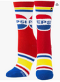 Front view of a pair of Crazy Socks featuring officially licensed Pepsi graphics. These vibrant novelty crew socks showcase the classic red, white, and blue globe brand logo text layered over a royal blue background to add a distinct pop to your outfit.