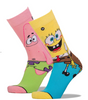 Front view of a pair of Crazy Socks featuring officially licensed SpongeBob SquarePants graphics. These vibrant novelty crew socks showcase a repeated pattern of SpongeBob's laughing facial features over a bright yellow background to add a cheerful look to your wardrobe.