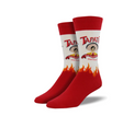 Front view of a pair of Crazy Socks featuring officially licensed Tapatio Hot Sauce graphics. These colorful novelty crew socks display the iconic charro portrait against a bold red and yellow background to add a spicy pop to your daily outfit.