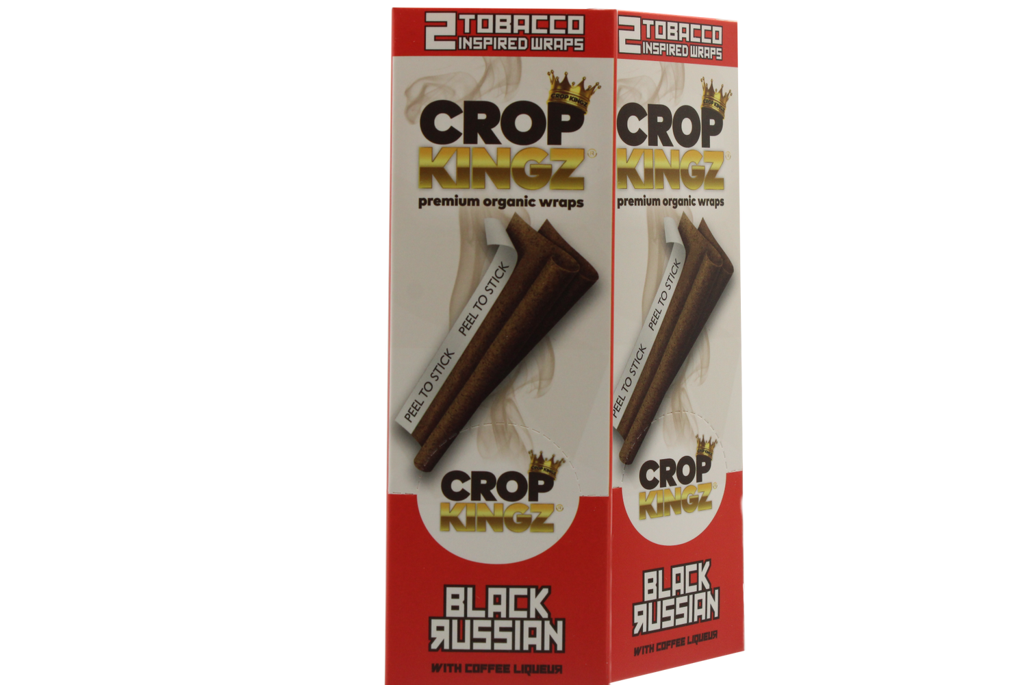 Front angled view of the Crop Kingz Tobacco Inspired Wraps 15-count display box in white and red packaging. Made from 100% organic hemp, these tobacco-free wraps mimic the rich flavors of traditional blunts and feature an innovative self-sealing strip.