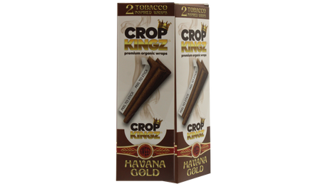 Front angled view of the Crop Kingz Tobacco Inspired Wraps 15-count display box in white and brown packaging. Made from 100% organic hemp, these tobacco-free wraps mimic the rich flavors of traditional blunts and feature an innovative self-sealing strip.