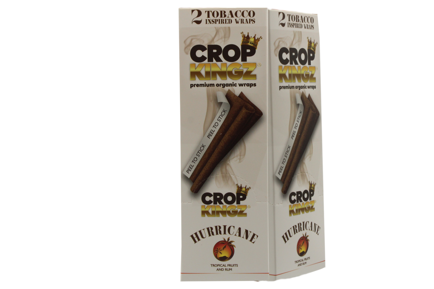 Front angled view of the Crop Kingz Tobacco Inspired Wraps 15-count display box in white and gold packaging. Made from 100% organic hemp, these tobacco-free wraps mimic the rich flavors of traditional blunts and feature an innovative self-sealing strip.